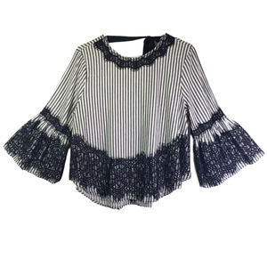 ZARA Women's Large Black White Stripe Bell Sleeve 3/4 Length Sleeves Cropped Top